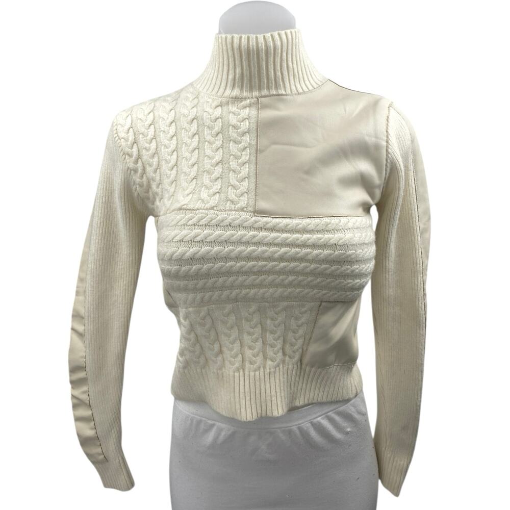 Central Park West Cream White Cable Knit Turtleneck Long Sleeve Crop Sweater XS